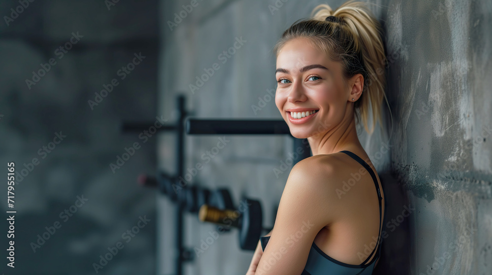 Fototapeta premium Wellness and Strength, Gym Banner with Smiling Fitness Model