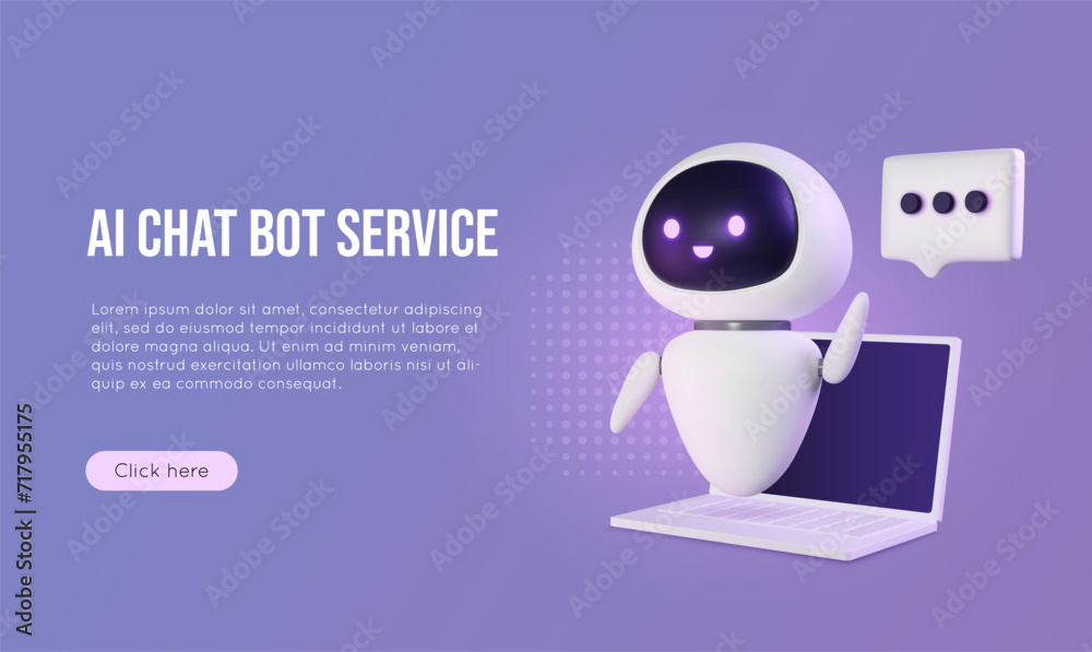 3D artificial intelligence chat bot with laptop, talk bubble. Neural network robot, digital brain banner concept, AI servers technology. Online communication, support assistance. Vector illustration.