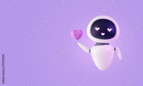 3D robot holding heart. AI Chat bot with love in his eyes. Cartoon character render in plastic style. Artificial intelligence server technology. Online communication, support assistance. Vector banner