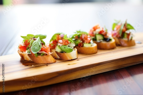 diagonal lineup of bruschetta on a bamboo board with fresh basil sprigs