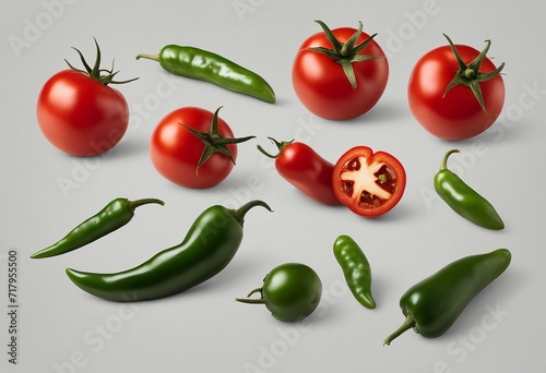 Collection of organic red tomatoes and green chili pepper vegetable isolated on transparent backgrou