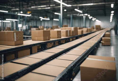 Conveyor belt in a distribution warehouse with row of cardboard box packages for e-commerce delivery