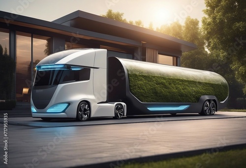 Electric truck vehicle powered by electric alternative energy in a futuristic car design with clean photo