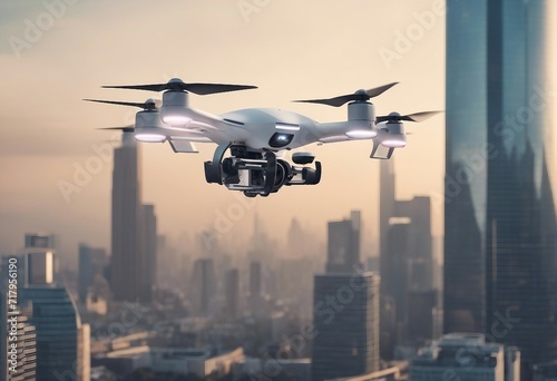 Generic futuristic manned roto passenger drone flying in the sky over modern city for future air tra