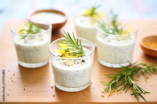 individual tzatziki servings in small glass cups