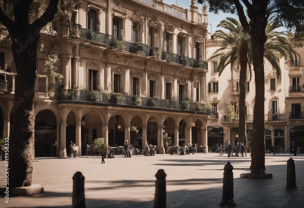 Generic view of the old PlaÃ§a Reial town square or plaza showing the traditional architecture of the