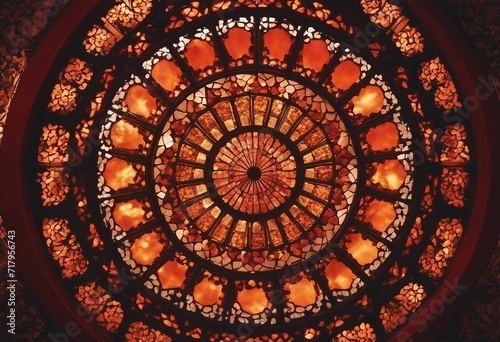 Vertical arabesque pattern with mosaic glass style window in red and orange back lit colors focus is