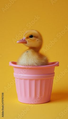 Filhote de pato fofo dentro de um balde rosa isolado no fundo amarelo © Vitor