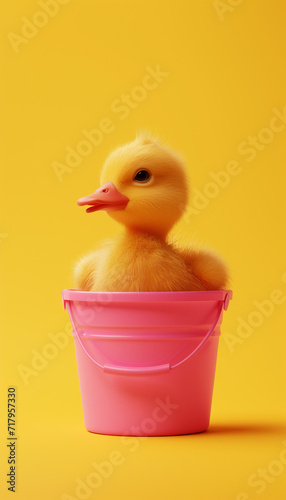 Filhote de pato fofo dentro de um balde rosa isolado no fundo amarelo © Vitor