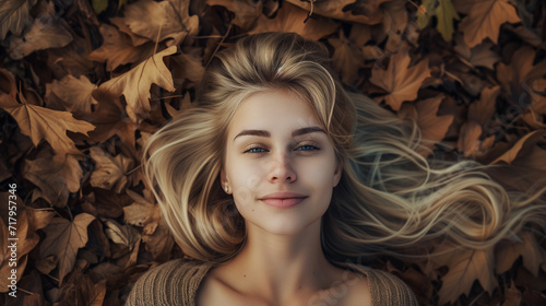 Linda mulher loira deitada em uma pilha de folhas secas de outono