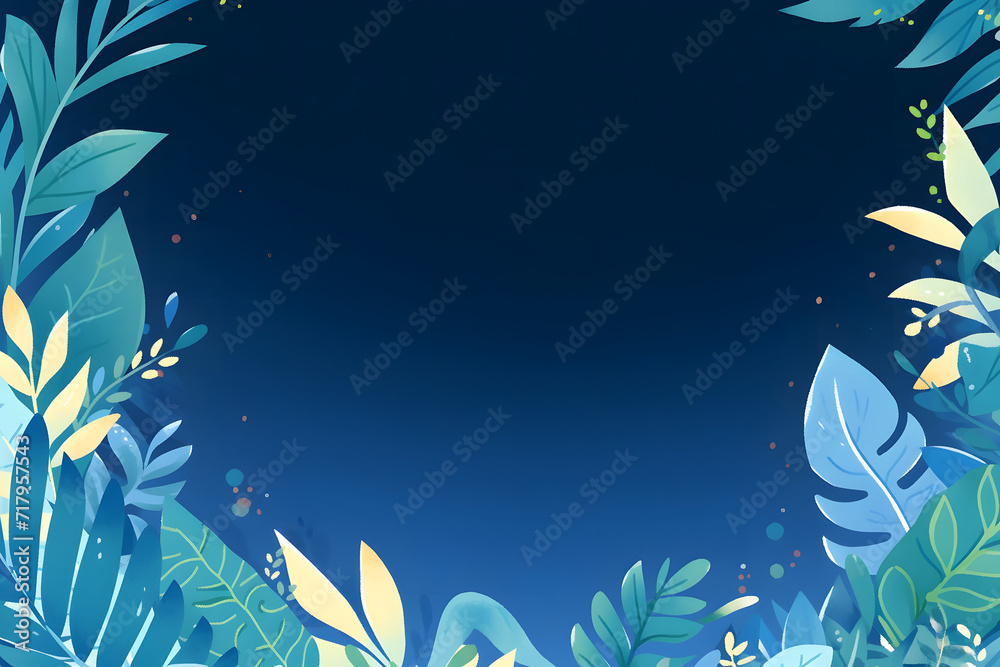 A collection of blue tropical leaves illustration forms a frame against a dark blue background, creating a foliage plant background with space for copy.