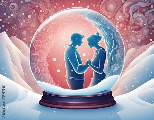 Loving couple inside romantic snow globe, love bubble for lover, valentine's day illustration photo
