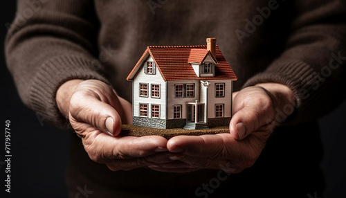 Hands of an man holding an architectural model of a single house