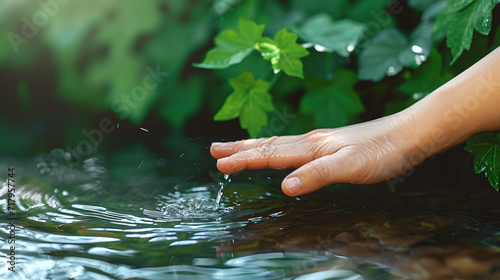 hand touches water in the pond   