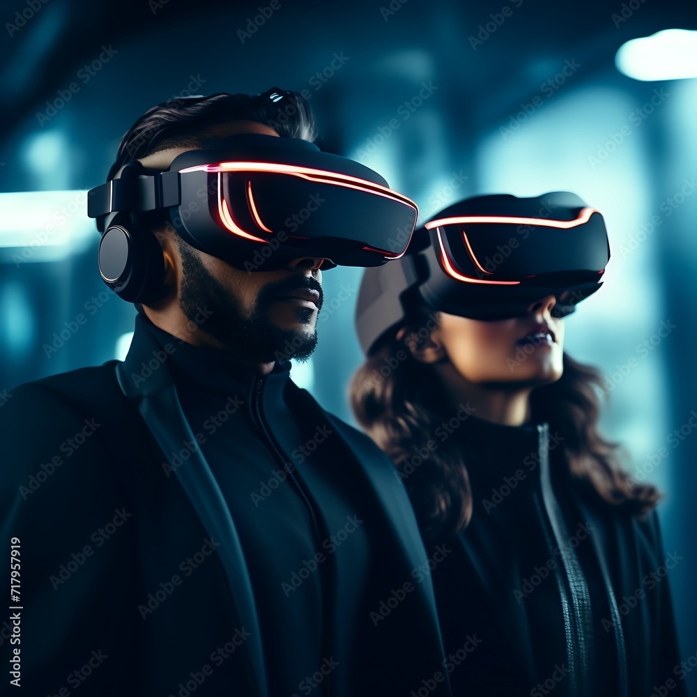 A man and woman wearing futuristic VR glass A man and woman wearing futuristic VR glass