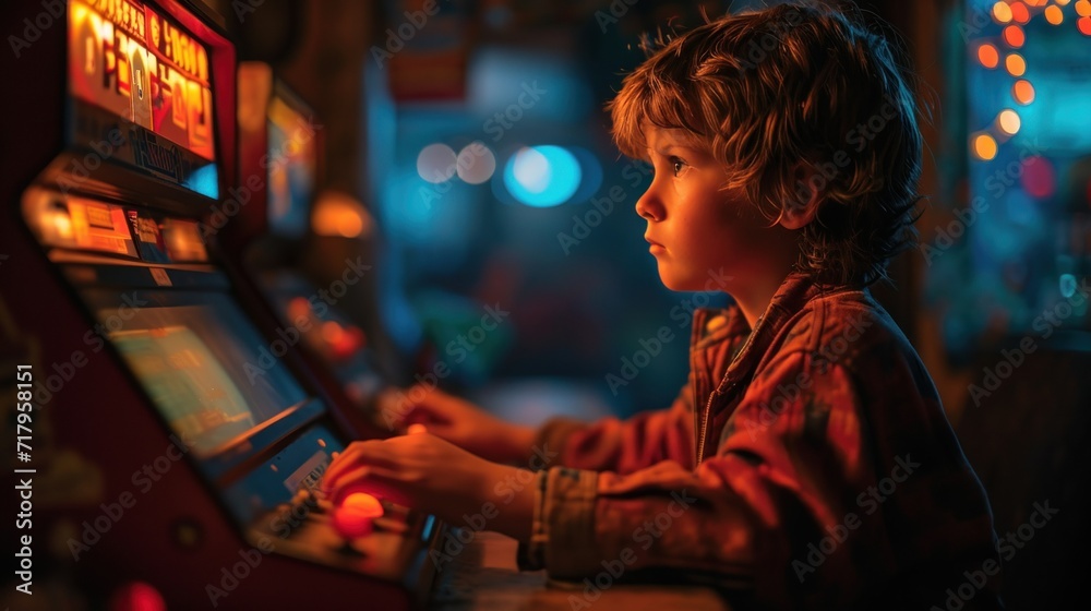 Little boy playing a slot machine. Child playing video game. - obrazy, fototapety, plakaty 