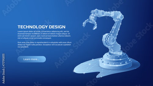 Polygonal shining mechanical manipulator on dark blue background. Technology page or banner template for industry. Vector.