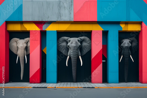  A vibrant and colorful image of a building facade with a geometric design and three large murals of elephant heads. The image showcases the creativity and artistic expression of urban art and street  photo