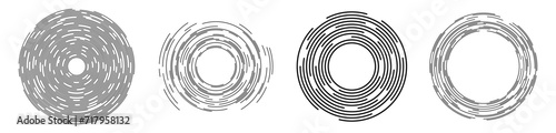 Collection of four concentric segments of circles. Lines following a circle path. Design elements. Abstract geometric black shapes isolated on white background. Vector illustration.