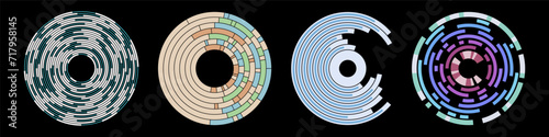 Set of four abstract circle technology backgrounds. Infographic templates with color stripes. Circular lines graphs. Abstract geometric shapes. Vector illustration.