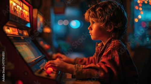 Little boy playing a slot machine. Child playing video game. photo