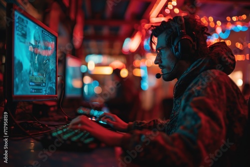 Young male gamer playing online video games on computer at night club.