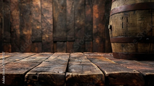 Worn wooden wine barrel background. Old wooden barrel table in soft ambient light. Weathered barrel wood.