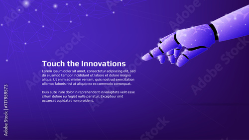 Polygonal robotic hand reaches for text on dark purple background. Innovation banner or technical web page template. Vector.
