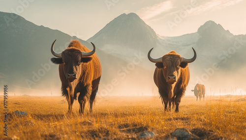two buffalos in the distance on grasslands between the mountains and the river,Clash of colors background photo