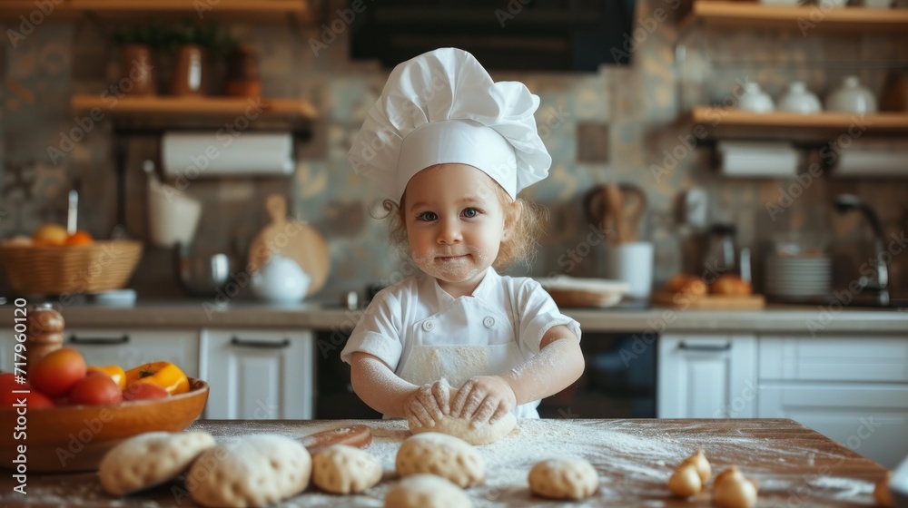 A child dressed as a chef stands at the kitchen table and kneads dough. The concept of children's cooking masterclasses. A child dressed as a chef stands at the kitchen table and kneads dough. The concept of children's cooking masterclasses.