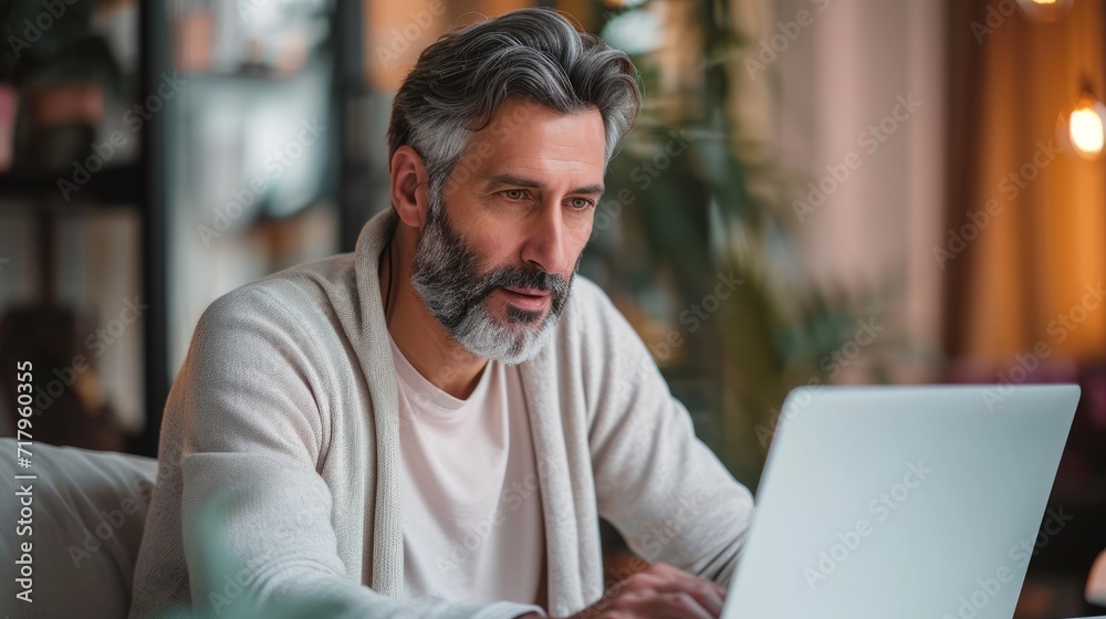 A middle-aged man works from home. A middle-aged man works from home.