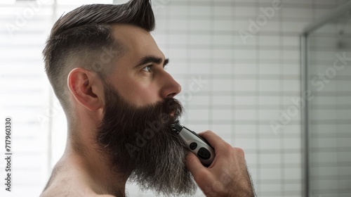 A handsome man looks in the mirror and trims his own beard in the bathroom. Banner for advertising beard trimmers, rules for beard care. photo