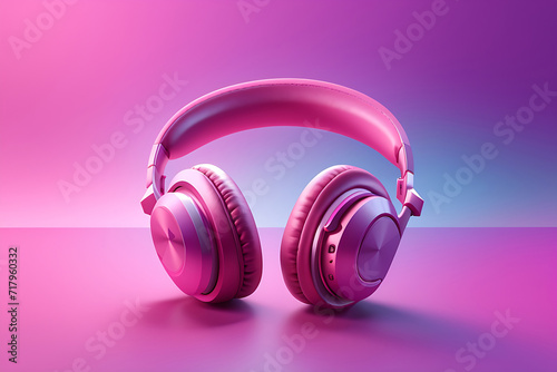 stylish 3d icon of generic wireless headphones on pink purple gradient background design, mixed digital 3d illustration and matte painting 3D rendering design. photo