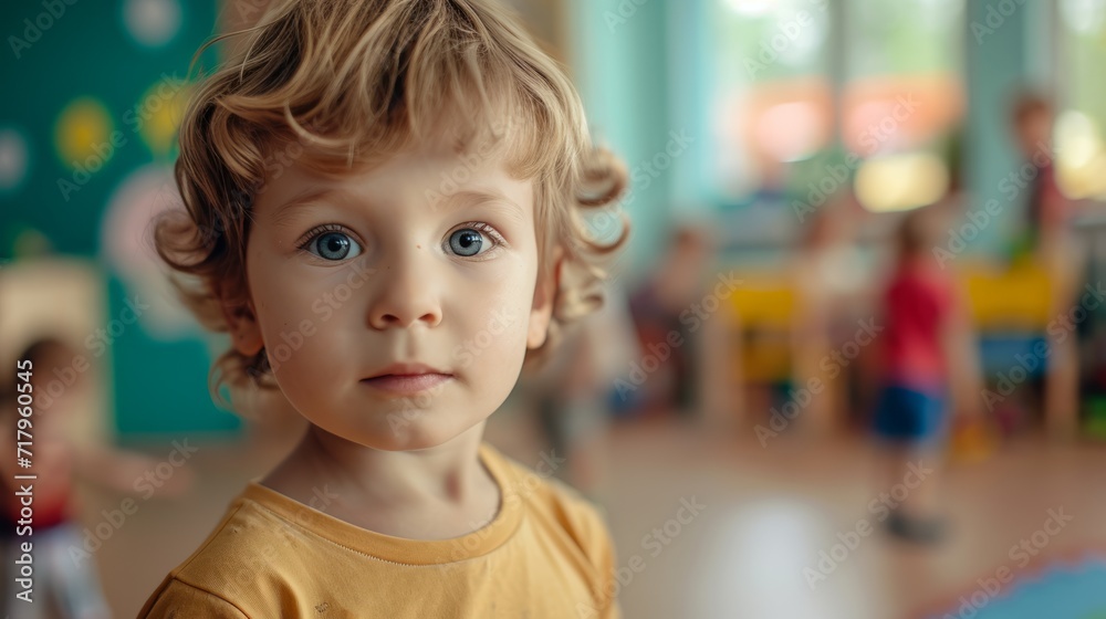 A child boy stands against the background of children in kindergarten. A child boy stands against the background of children in kindergarten.