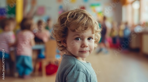 A small child stands against the background of a room with children. The concept of classes in kindergarten, preschool development groups or  adoption of orphans from shelters.