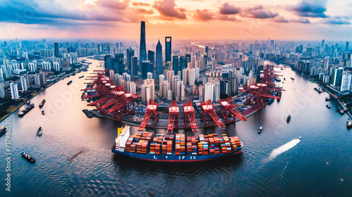 Bustling Harbor with Industrial Shipping: Cranes and Containers Highlighting Global Trade