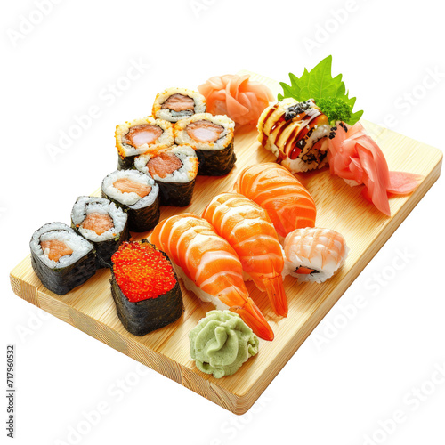 Japanese Sushi Rolls in bamboo board, Transparent background