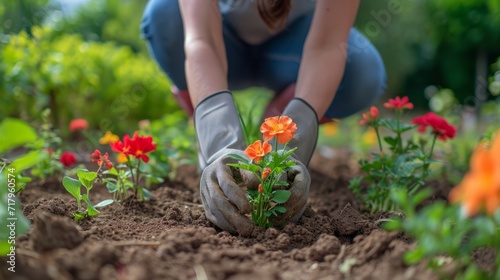 Women's hands in gardening gloves plant flowers in the front garden.