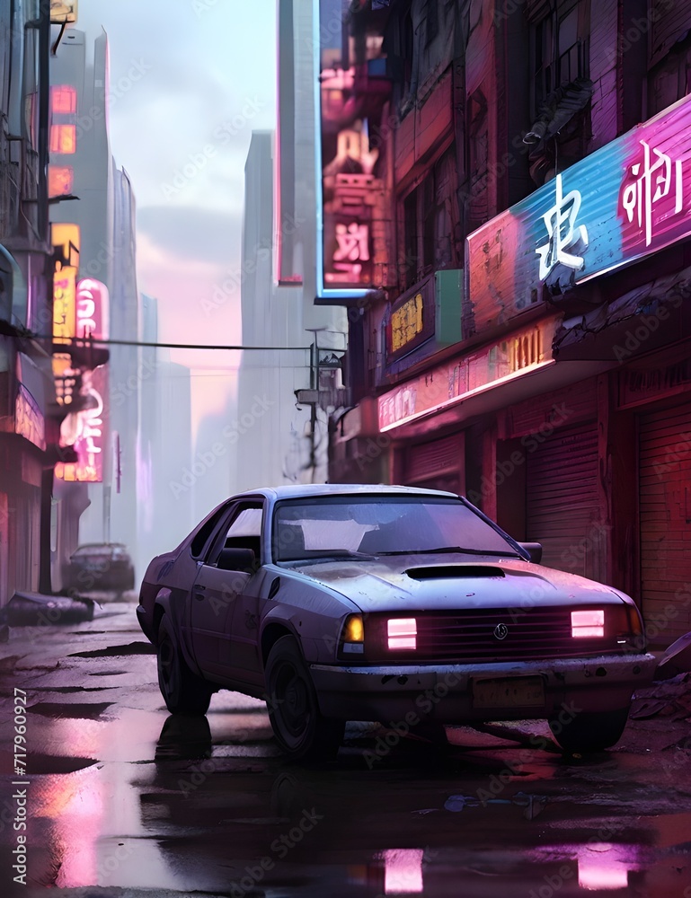 A neon-lit street in a post-apocalyptic world, with crumbling buildings and flickering holographic advertisements generative ai