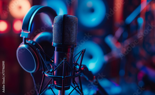 Headphones and microphone in a neon-lit recording studio