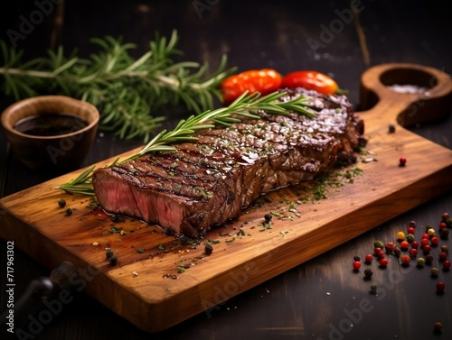 Steak with herbs and spices on a wooden board with dark background