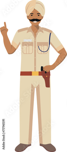 Standing Indian Policeman Officer in Turban and Traditional Uniform Character Icon in Flat Style. Vector Illustration.