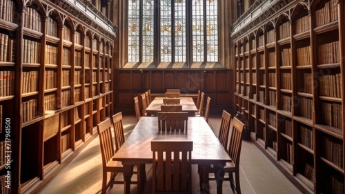 medieval style college library with wooden beams and warm lighting, gothic style windows photo