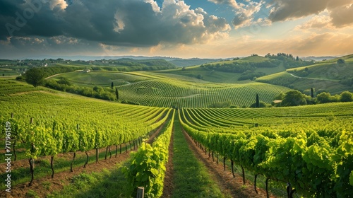 Beautiful landscape with green vineyard fields. photo