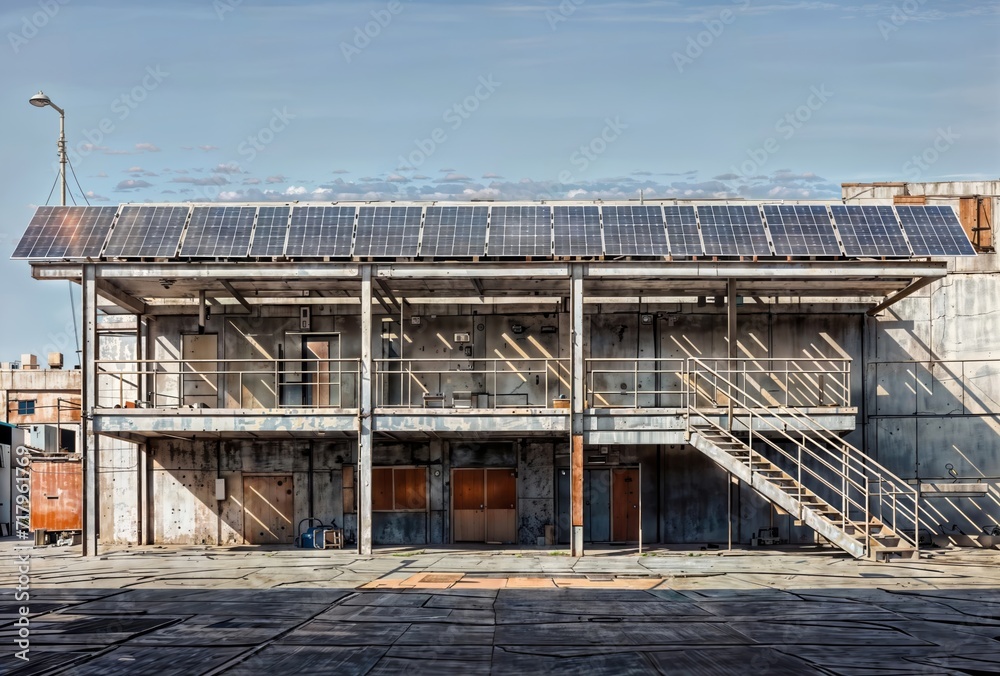 A building with solar panels on the roof and a staircase leading to a second floor. A building with solar panels on the roof and a staircase leading to a second floor.