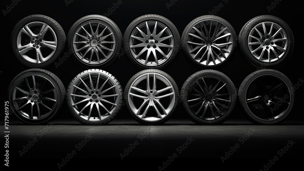 A full set of automobile wheels separated on a white background