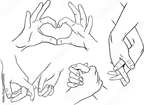 Simple vector hands, line art, love, couple hands, man's hand holds a woman's hand, hand drawn, heart shape hands (ID: 717961914)