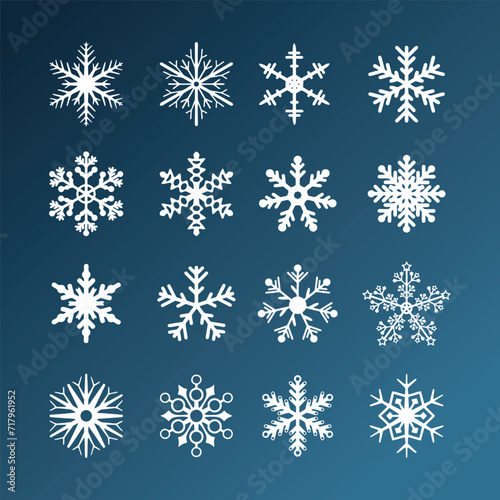 Set of shape white snowflakes on blue background. Vector isolated icons. Winter stars and Christmas decoration