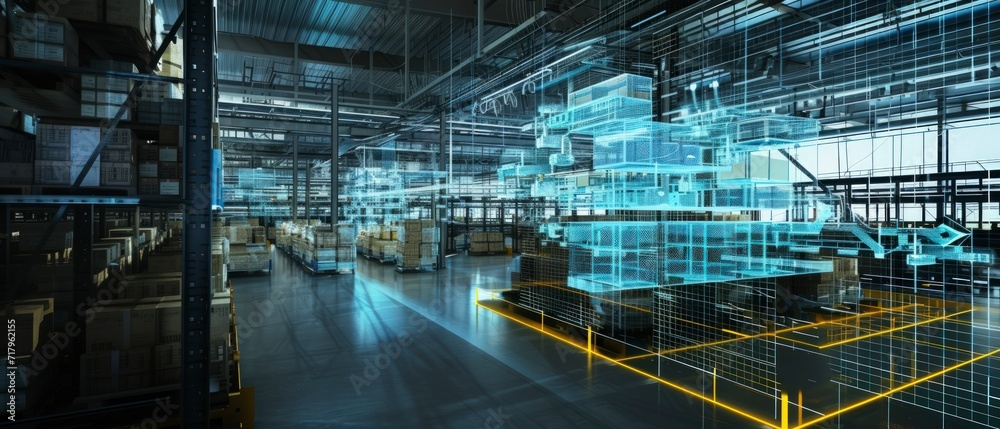 Futuristic Technology Retail Warehouse, digitalization and visualization of an Industry 4.0 process that analyzes goods, cutting-edge technology.