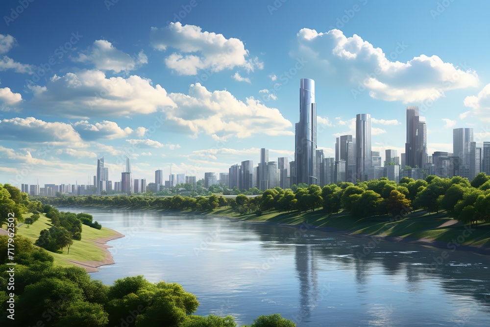 A view of the city with a clear river and beautiful blue sky. generative AI
